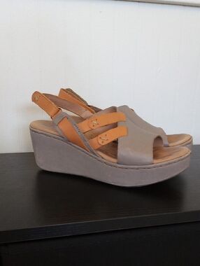 Born Taupe and Tan Leather Wedge Sandals